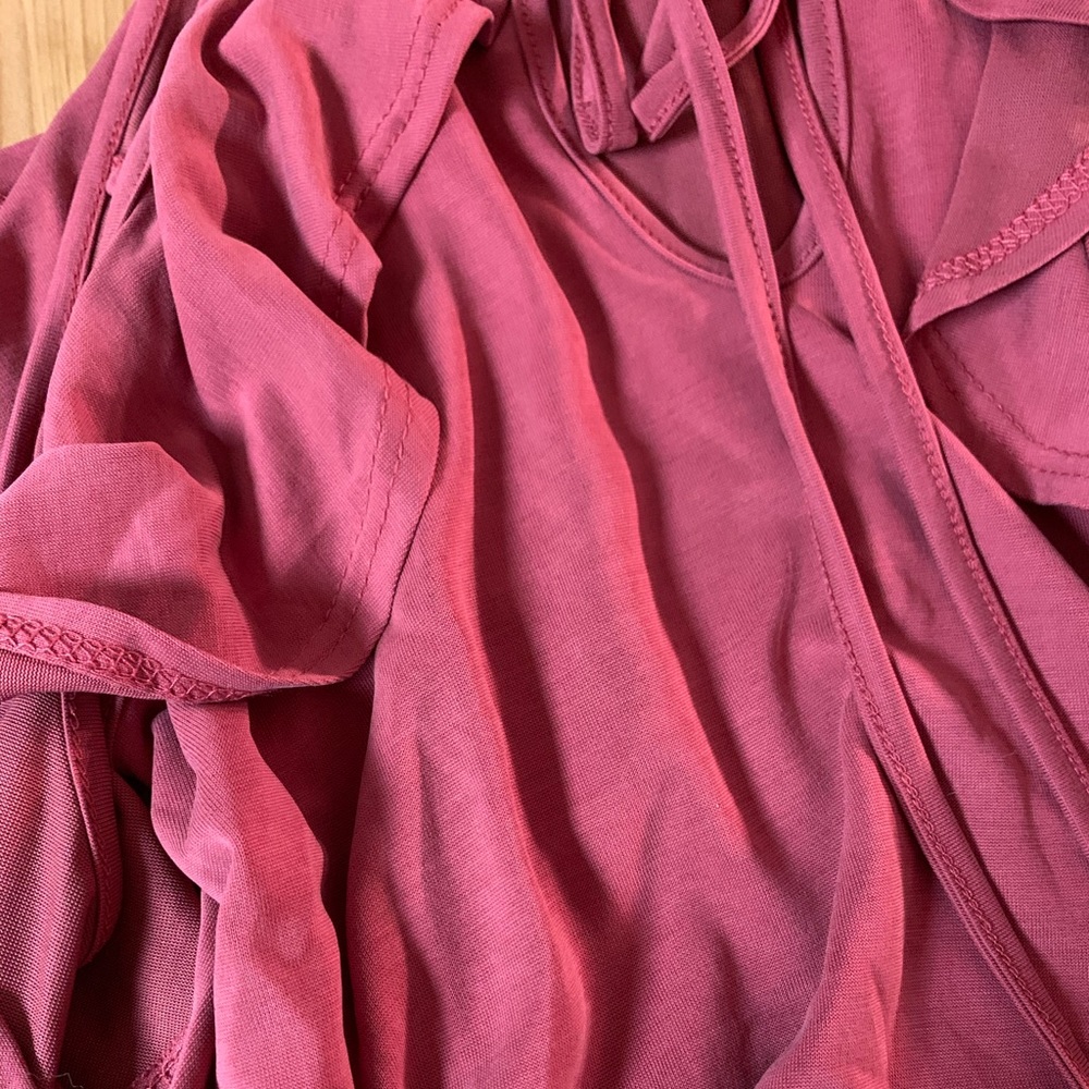 ❌DONATED❌Rose Pink Tie Neck Cold Shoulder Ruffle Sleeve Top - Picture 5 of 10